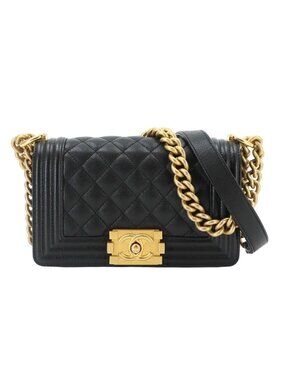 Chanel Boy Small Chain Shoulder Bag Caviar Leather Black Gold